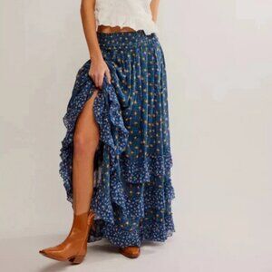 Free People Brynn Printed Maxi Skirt Smocked Tiered Ruffle Mid Rise